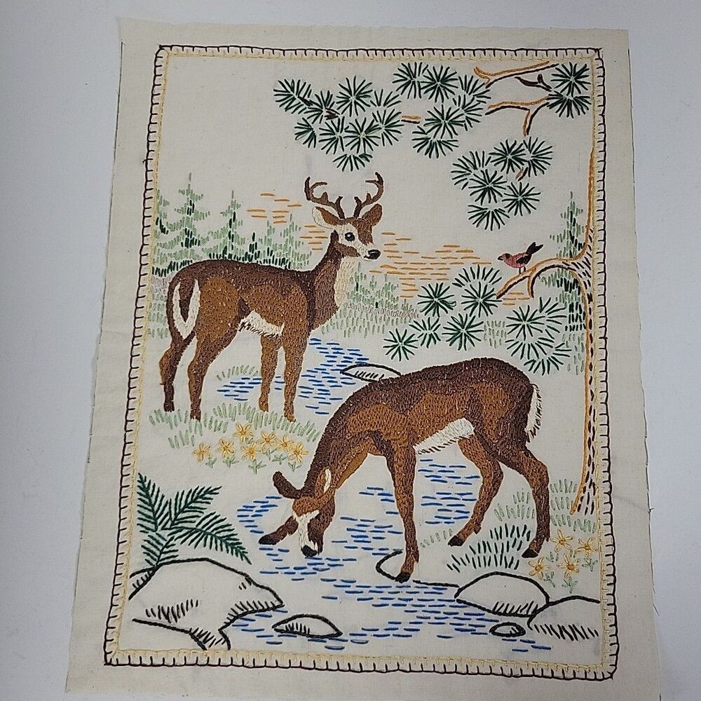 VTG Deer Buck Forest Hand Stitched Embroidery Needlepoint Wild Life 12x15" (B10)